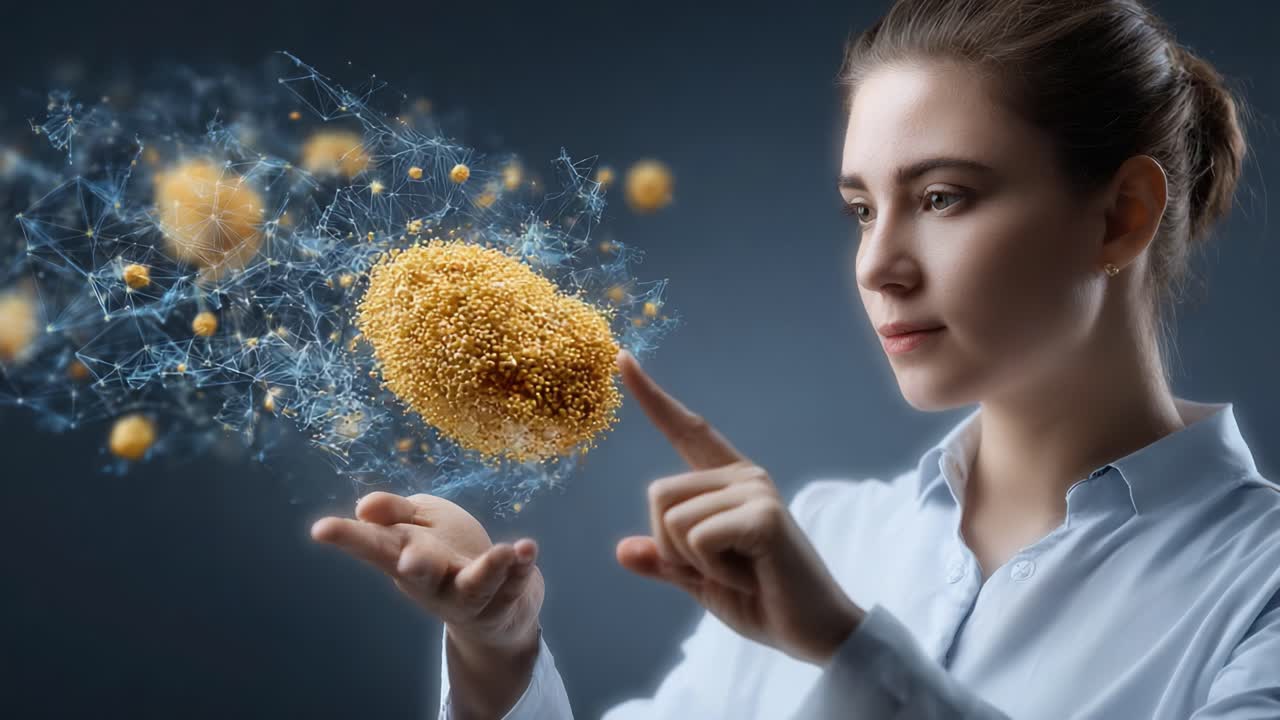 A woman interacts with digital particles, showcasing the fusion of technology and science through a mesmerizing display of floating orbs in a captivating visual representation