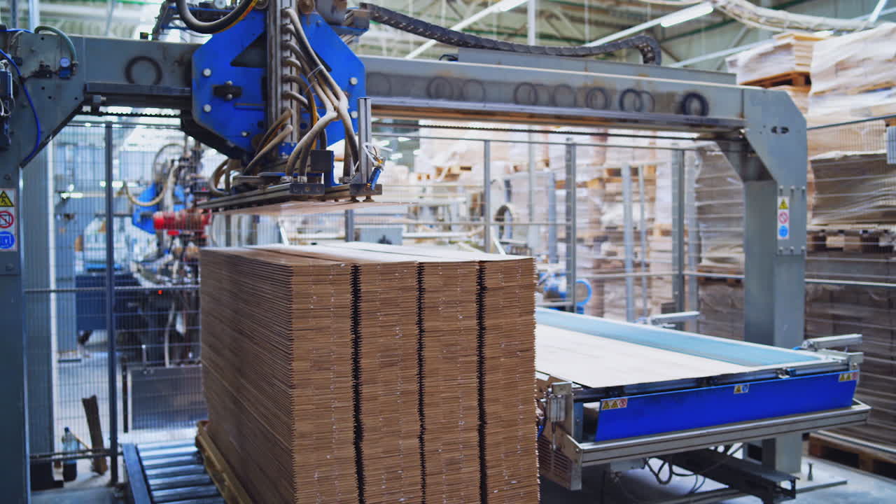 Modernized woodworking manufacture. Robotic equipment composing wooden panels inside the parquet floor factory.
