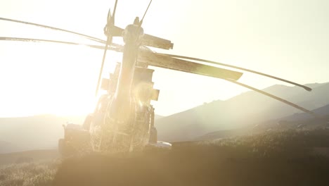 old-rusted-military-helicopter-in-the-desert-at-sunset