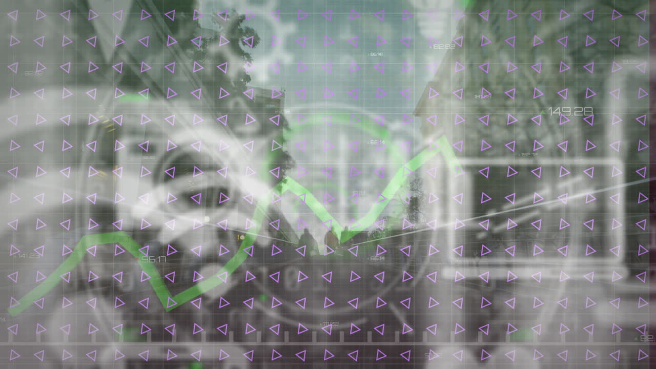 거리에서 군중의 시간 경과에 따라 움직이는 그래프와 삼각형으로 응용 프로그램 아이콘의 애니메이션