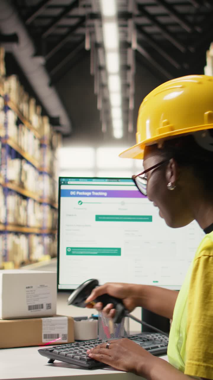 Vertical Video Black warehouse worker managing inventory logistics with AI virtual assistant