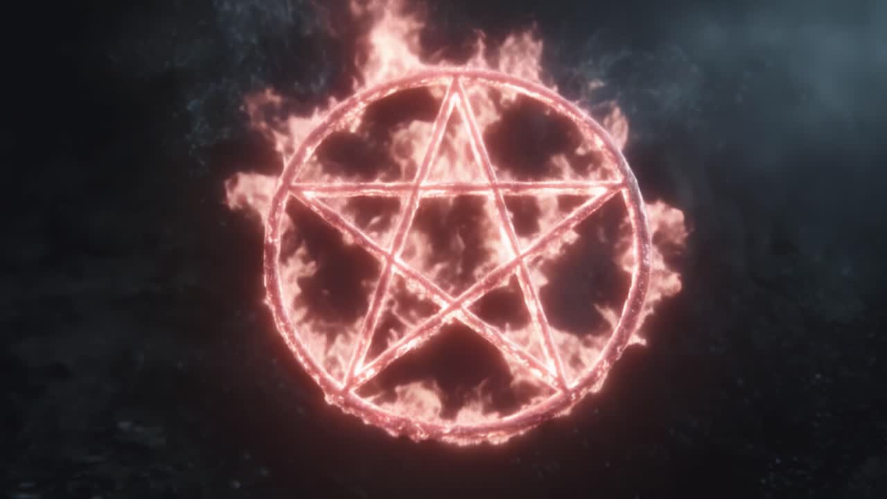 Sebuah Visualisasi Memikat Simbol Pentagram Berapi di Tengah Latar Belakang Gelap, Dengan Sempurna Menekankan Kedalaman Misteri dan Intrik dalam Adegan.