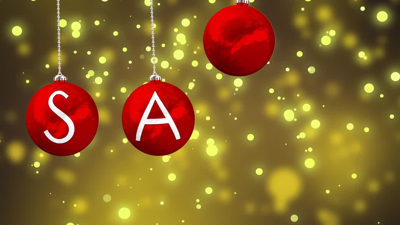 animación de texto de venta en bolas rojas sobre luces que caen sobre fondo verde