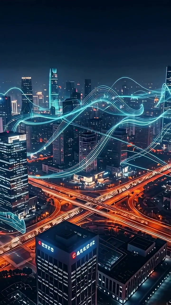 Video verticale: Animazione di uno svincolo cittadino notturno con onde ciano che entrano da sinistra e scie arancioni in loop.