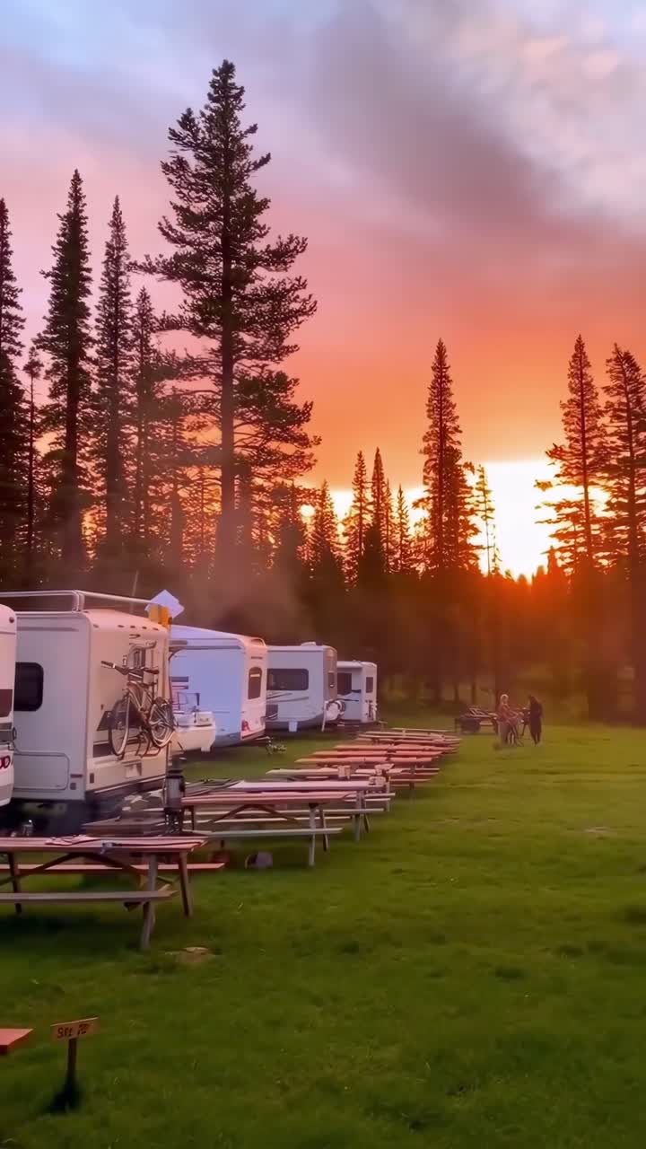 Solnedgang over autocampere og picnicborde i en skov, fanget fra en lav engel, videostil, Live mobile