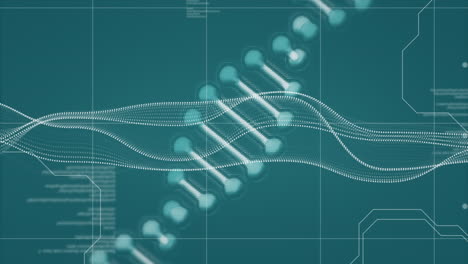 animation of data processing and dna strand over blue background