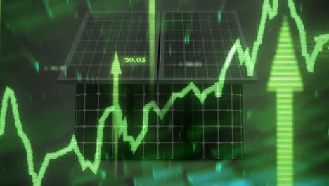 solar panels with rising green stock market graph, indicating renewable energy growth