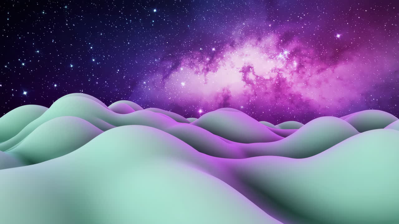 Abstract Cosmic Landscape with Purple Nebula and Undulating Terrain