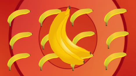 Animation-Einer-Banane,-Die-Sich-über-Kreisen-Auf-Rotem-Hintergrund-Wiederholt
