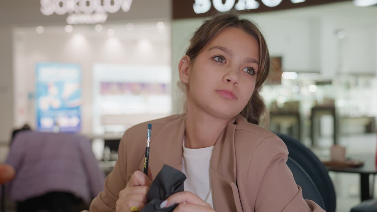 donna contemplativa con dispositivo mobile, figura femminile con dispositivo mobile, donna riflessiva che usa lo smartphone in un negozio, cliente pensierosa che aspetta con il telefono sullo sfondo di un chiosco in un centro commerciale