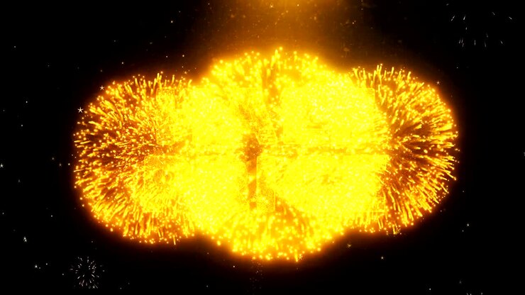Half Price Text on Firework Display Explosion Particles.