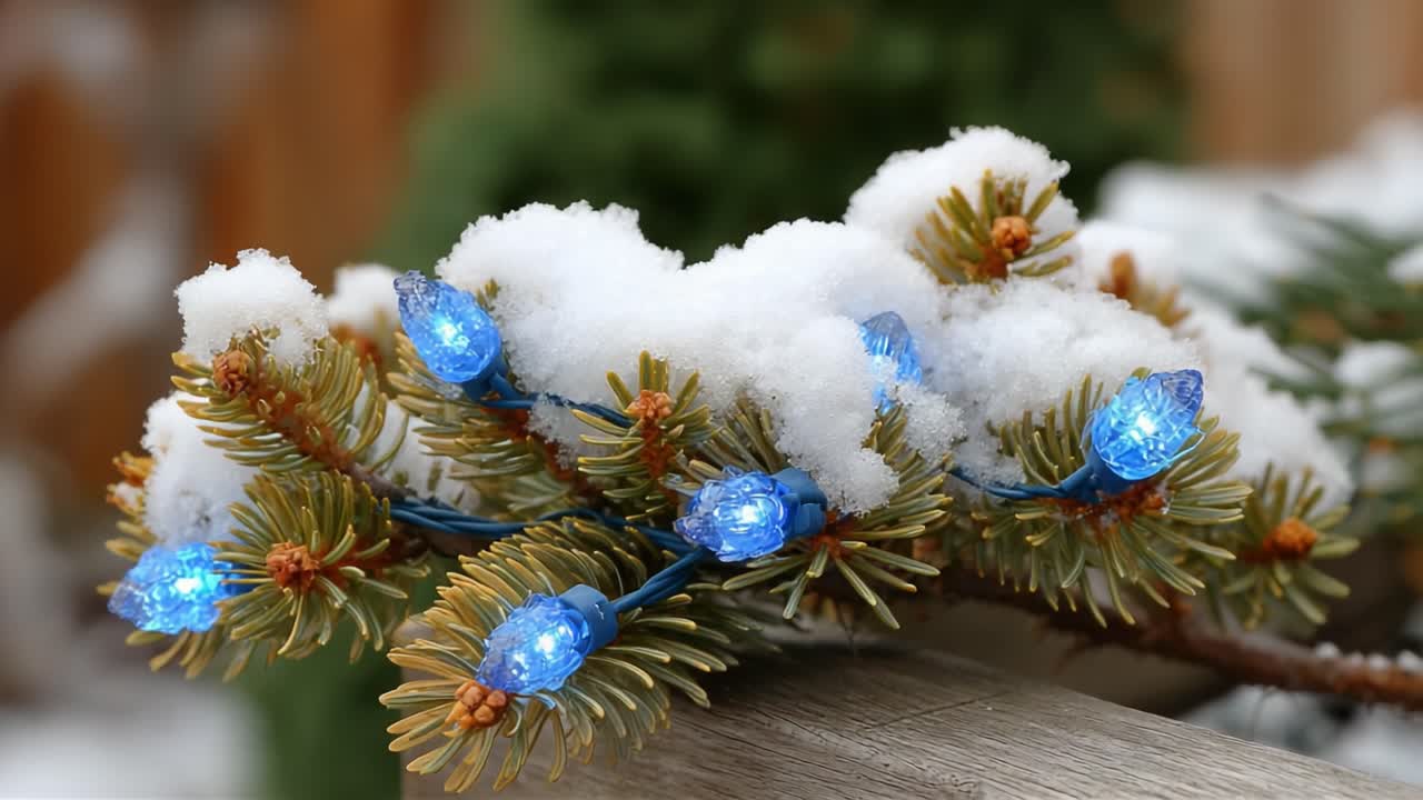 A Frosted Evergreen Branch Adorned with Sparkling Blue Lights and Fresh Snow Creates a Festive Winter Atmosphere in This Captivating Scene