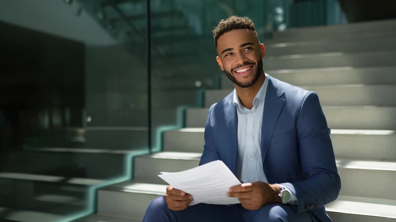 Um jovem confiante vestido com traje formal senta-se graciosamente em escadas, segurando documentos importantes com um sorriso radiante, exalando profissionalismo e uma atitude positiva em um ambiente de escritório moderno