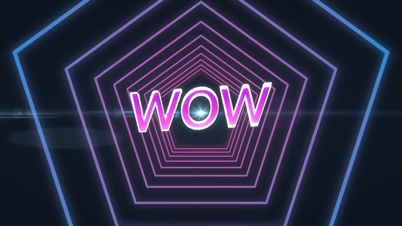 Animazione di testo rosa "wow" su un tunnel di esagoni luminosi.