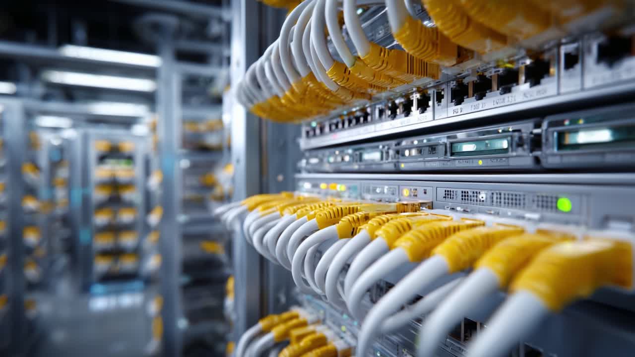 High-Tech Data Center Featuring Yellow Network Cables Interconnected with Servers and Switches, Showcasing Modern Infrastructure and Connectivity Solutions