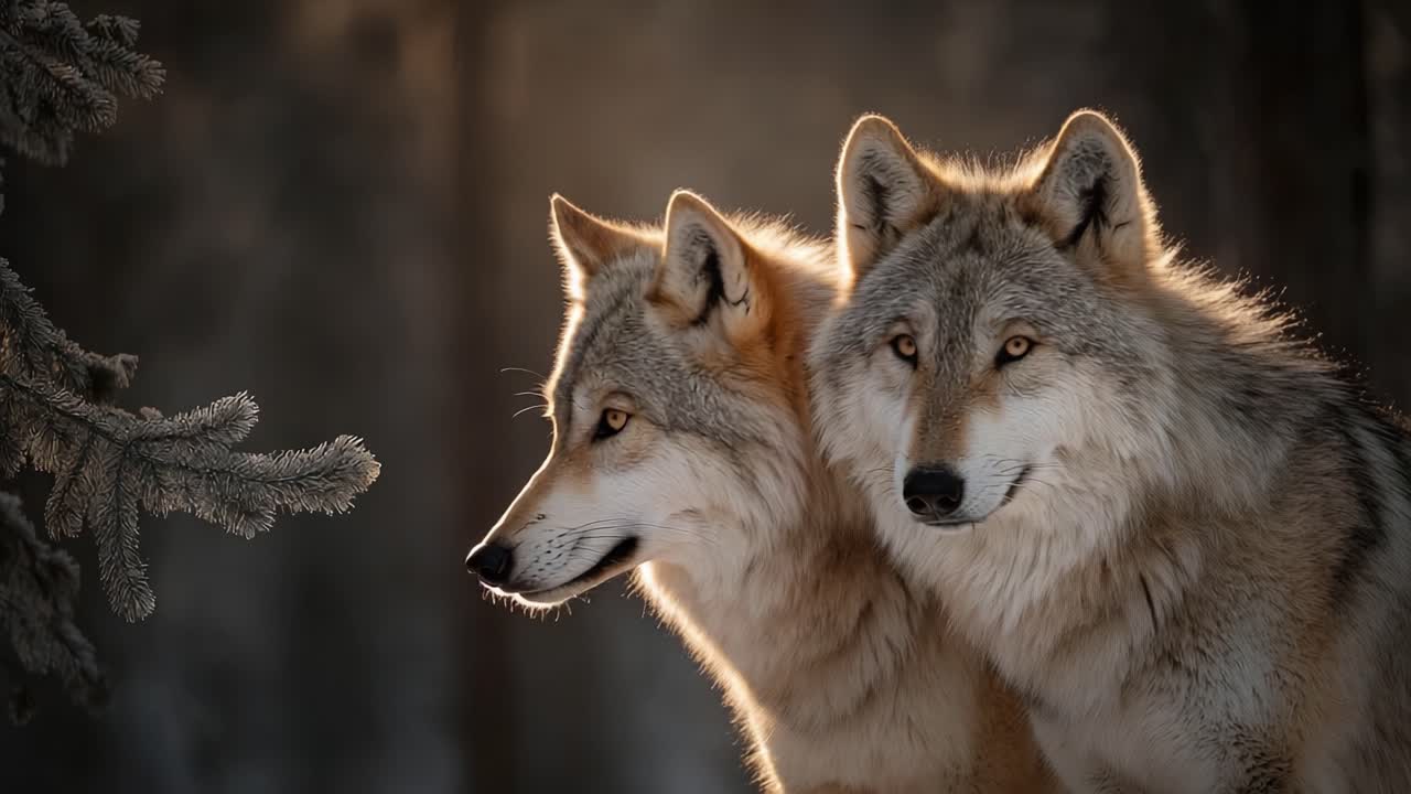 Close-up of Two Majestic Wolves in Serene Forest Light Captured in Their Natural Habitat, Showcasing the Beauty of Wildlife and Animal Behavior