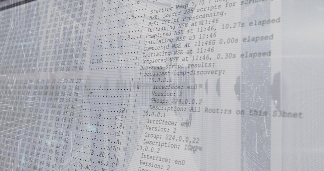 Server aisle opening, text scrolling, showing nmap scanning, traceroute, revealing network details