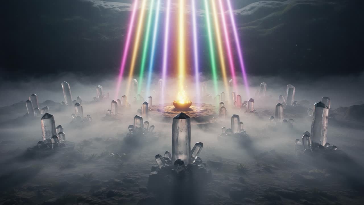 A Mystical Gathering of Crystals Illuminated by Radiant Light Beams, Creating a Spectacular Display of Color and Energy Amidst an Ethereal Misty Landscape