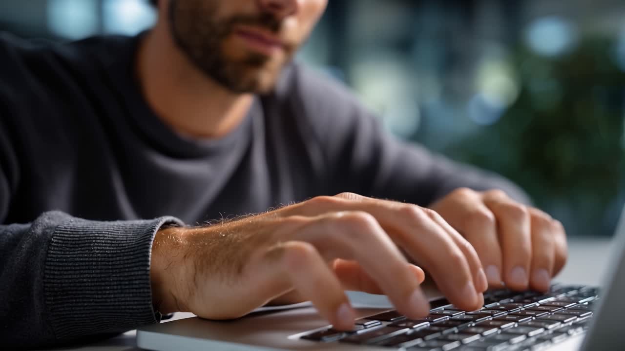 A focused individual immersed in work on a laptop, showcasing the intensity of concentration in a modern work environment, highlighting productivity and engagement