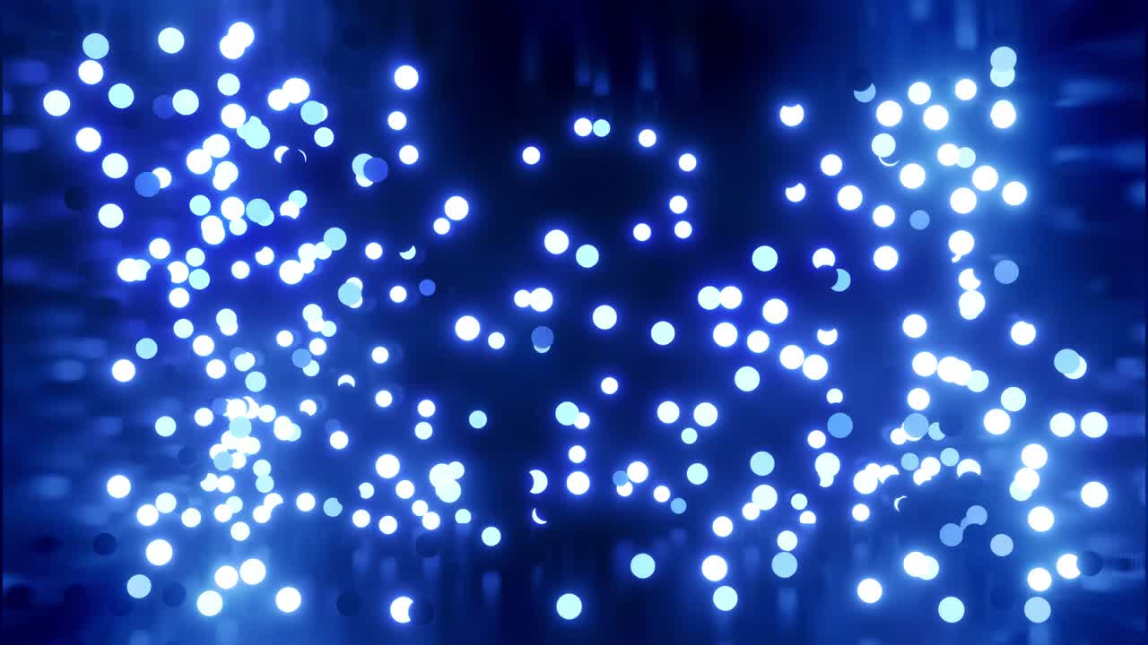 glowing blue balls flash and fly in shiny room. 4k abstract 3D background of luminous spheres in dark shiny camera. Beautiful motion background in a color tone. Bulbs light up and go out randomly.