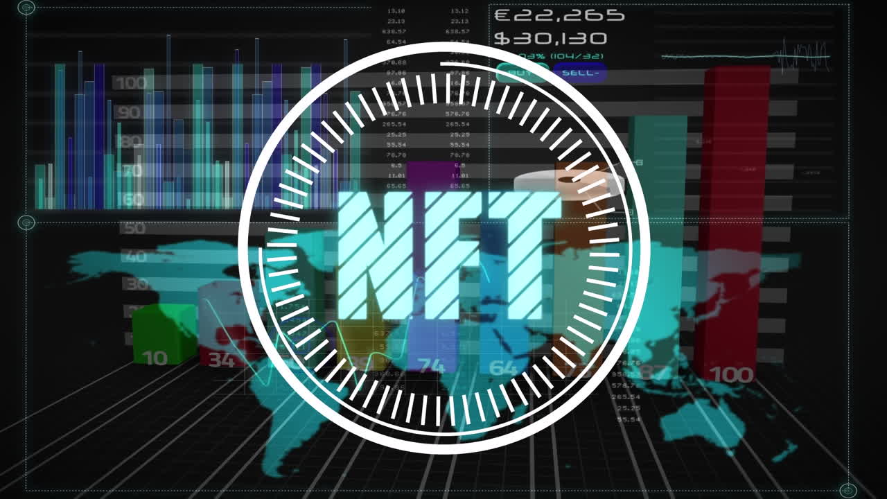 animación del mapa del mundo y el texto de nft sobre el procesamiento de datos