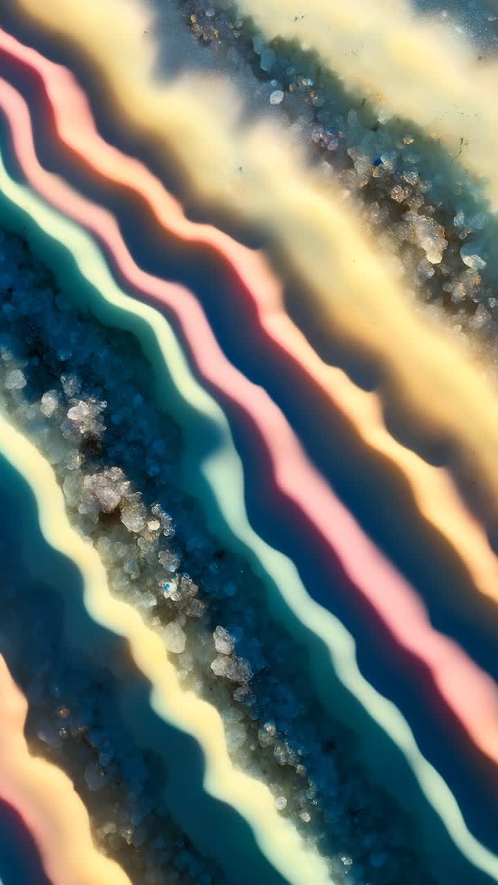 Aerial view of textured mineral surface with wavy, iridescent layers