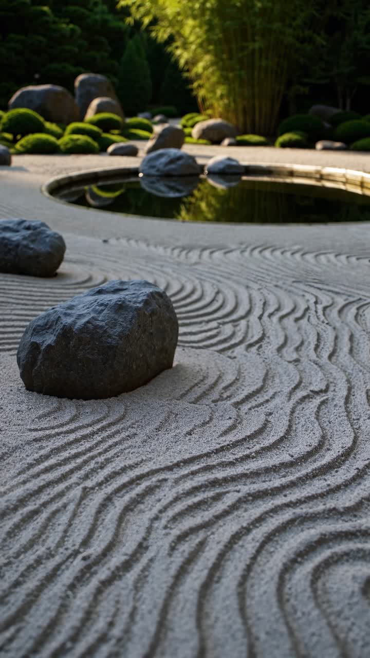 Sunlight illuminates a meticulously raked zen garden, featuring carefully placed rocks and a tranquil pond, evoking a sense of peace and serenity