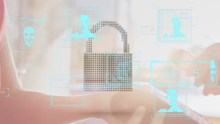 Animation of data processing with people portraits over caucasian man paying with smartphone