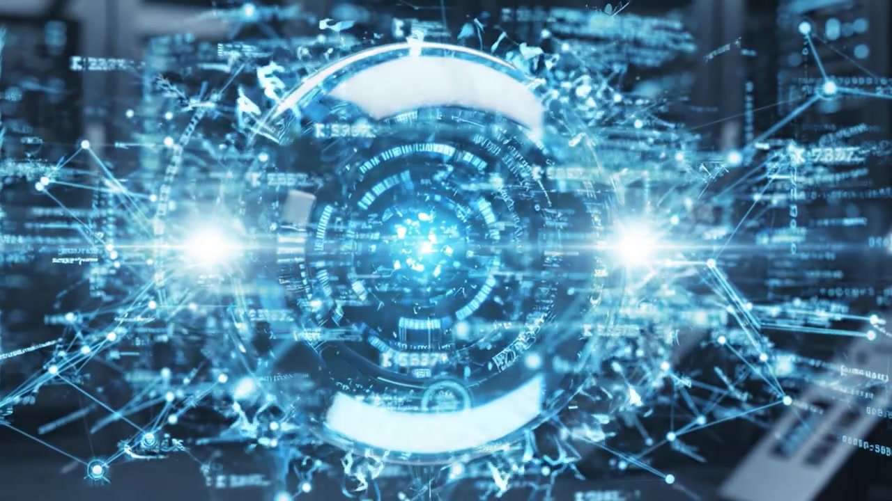 A stunning visual representation of a futuristic technology encapsulated in a glowing blue orb, surrounded by a web of digital data streams, set in a high-tech environment.