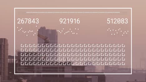 animación de la interfaz con el procesamiento de datos frente a una vista aérea del paisaje urbano