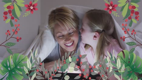 Animación-De-Flores-Sobre-Feliz-Madre-E-Hija-Caucásicas-Hablando-En-La-Cama