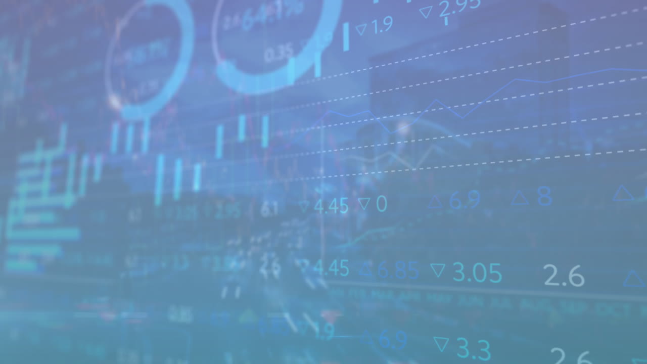 animación de múltiples gráficos y tablero de negociación sobre vehículos en la calle contra edificios