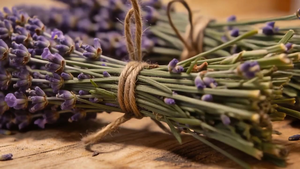 Telecamera in movimento che cattura due piccoli mazzetti di lavanda essiccata su un tavolo di legno, che mostrano un fiocco di spago.