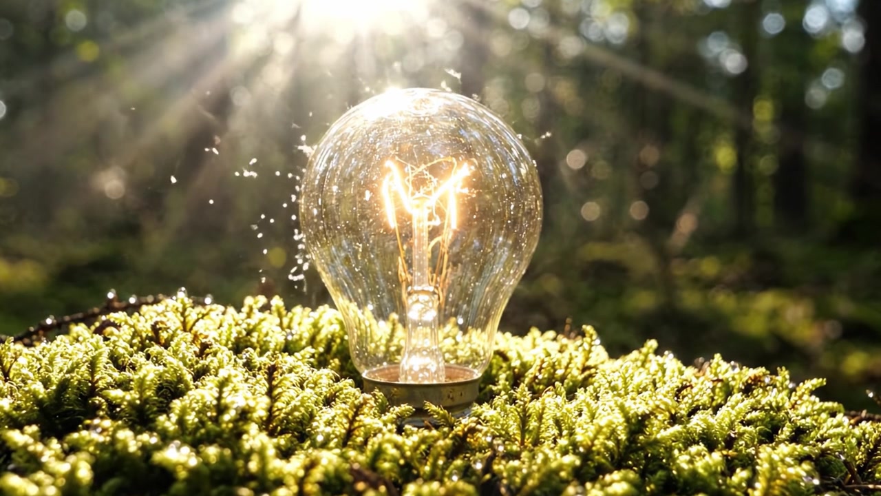 Illuminated Light Bulb Captured Amidst Lush Greenery in Sunlit Forest, Showing Nature's Beauty with Water Droplets on Mossy Surface