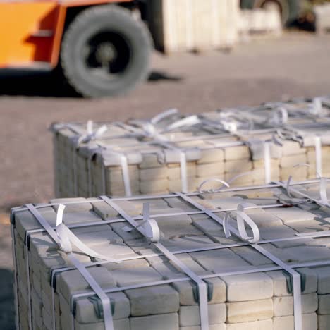 special professional equipment is transporting pallets with bricks in the production area. Warehouse equipment