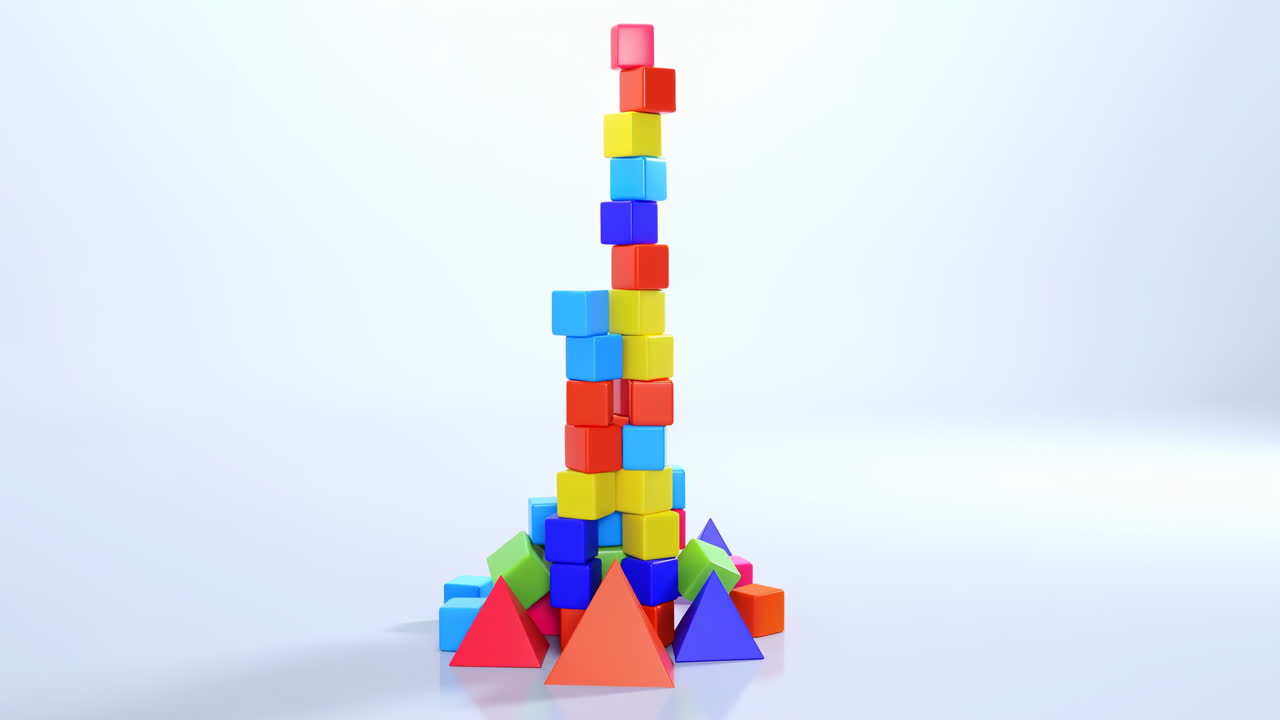 Colorful Geometric Cubes Stacking to Form a Tall Tower