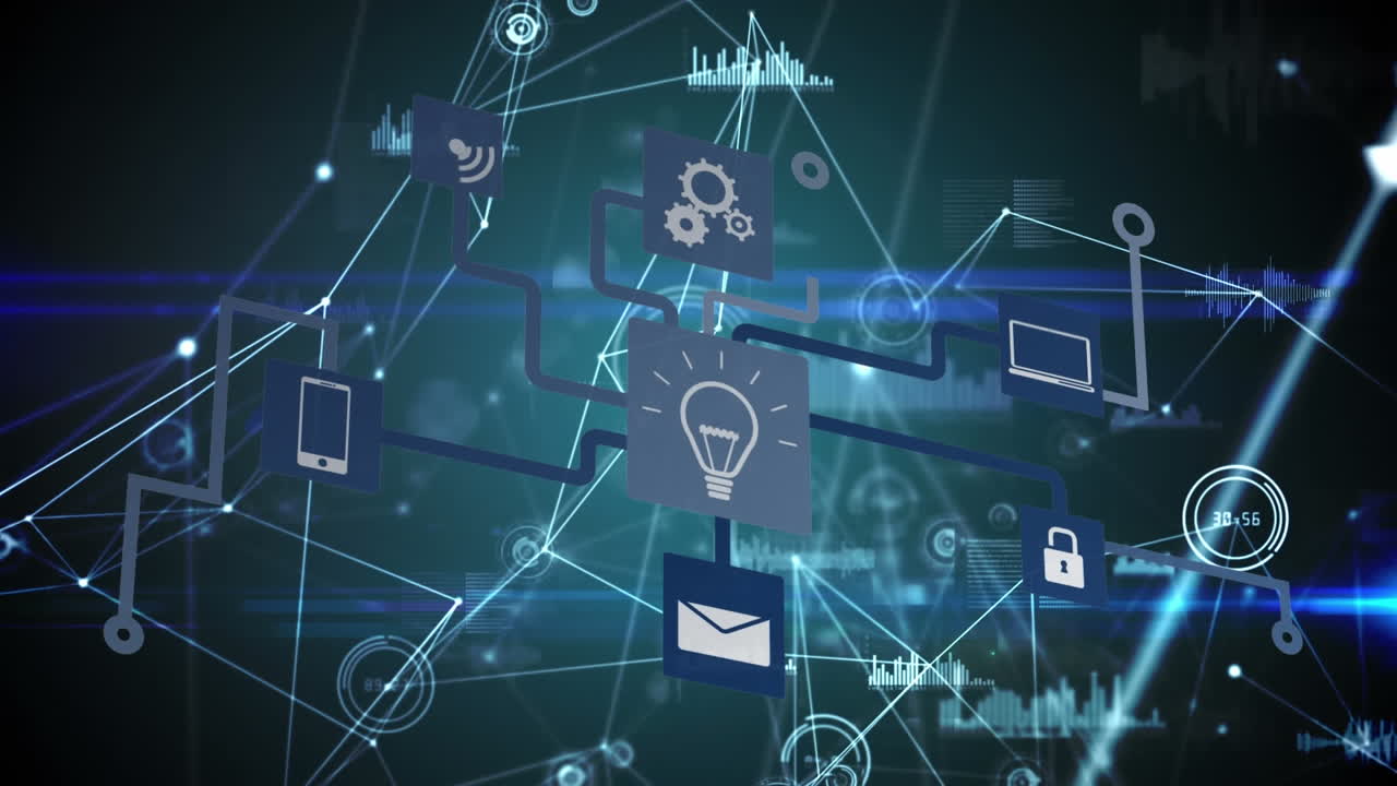 연결된 점과 렌즈 플레어와 함께 그래프 아이콘의 아이콘의 흐름 차트의 애니메이션