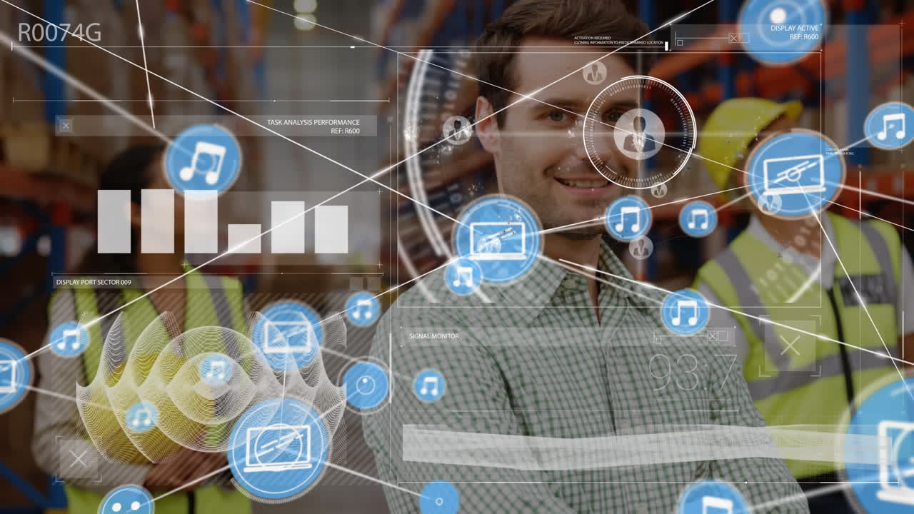Animazione di una rete di connessioni con icone su un uomo che lavora in un magazzino