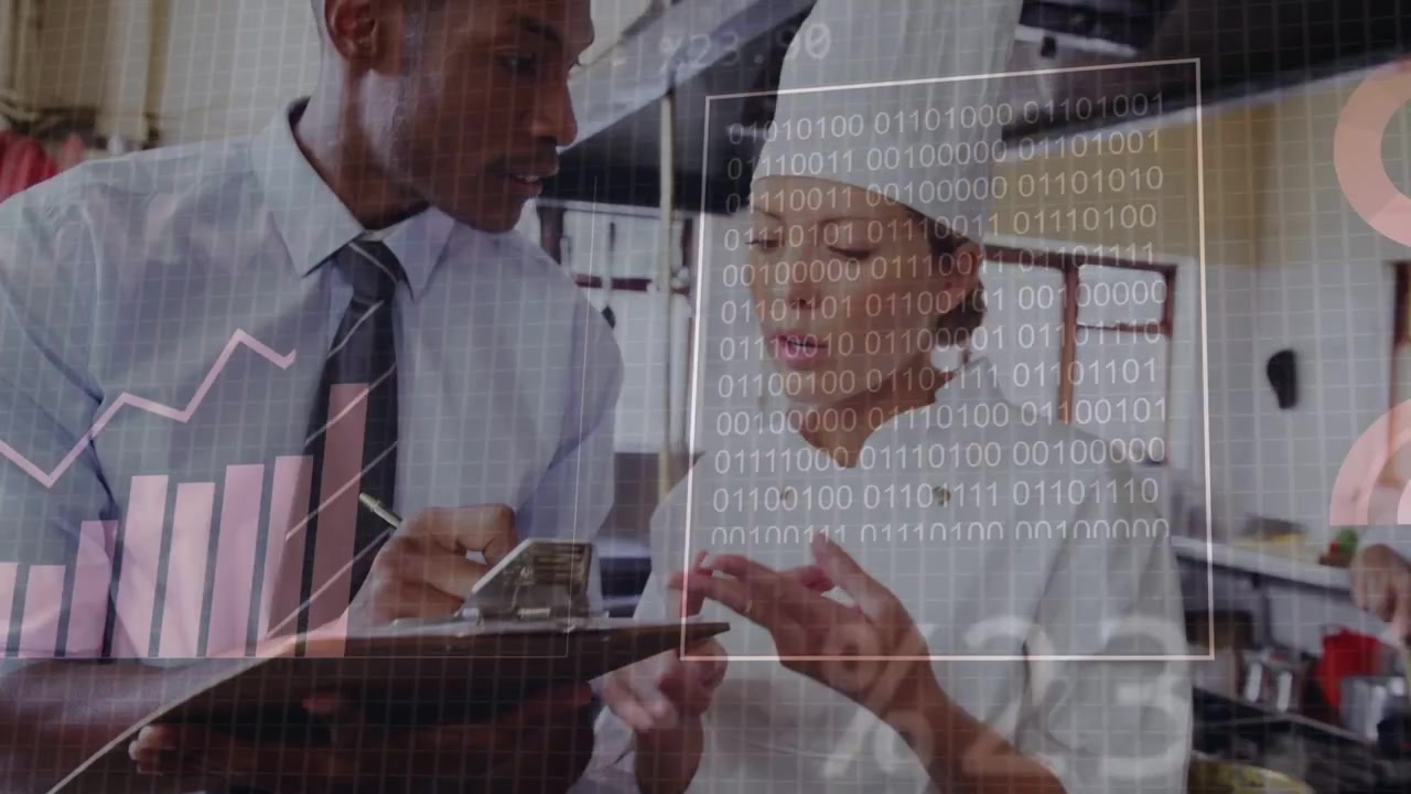 Manager entering, consulting chef, causing charts and binary code over pans for kitchen metrics