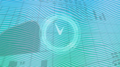 animación de reloj digital, gráficos y tablero de negociación sobre el patrón de cuadrícula contra un fondo abstracto