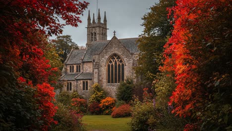 a majestic stone church framed by vibrant autumn foliage, celebrating the beauty of nature's changes in a picturesque landscape