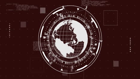 Animation-of-scope-with-globe-and-data-processing-over-black-background