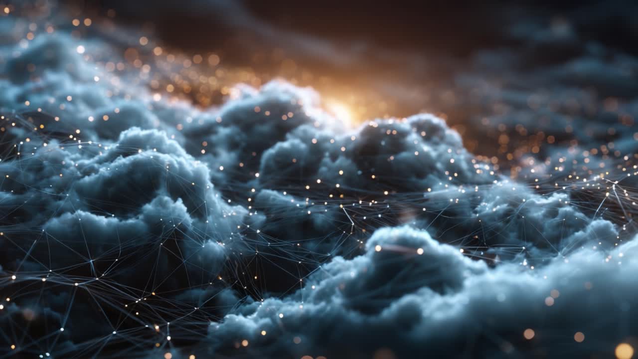 Aerial Perspective of Enigmatic Clouds Illuminated by Ethereal Light, Showcasing a Beautiful Fusion of Nature and Darkness with Vibrant Sparks in a Cosmic Setting