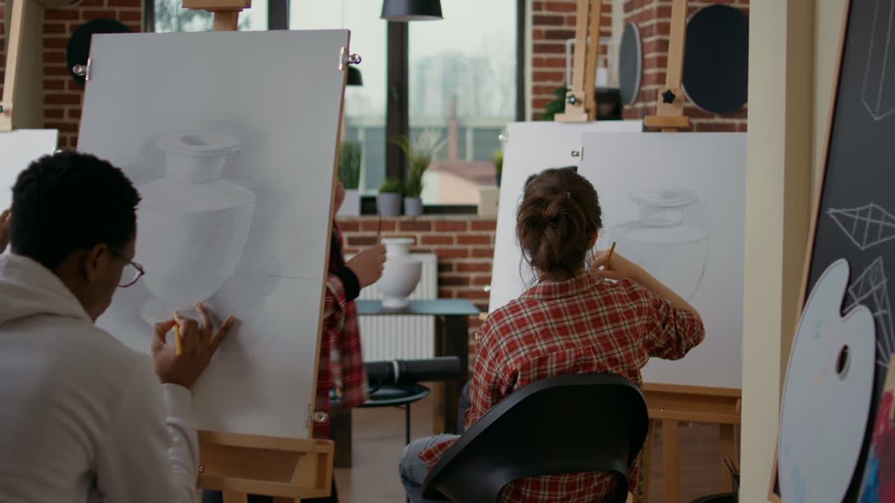 Senior teacher supervising students to draw vase model on canvas