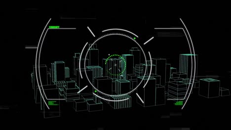 Animación-De-Escaneo-De-Alcance-Sobre-Dibujo-3d-De-Paisaje-Urbano-Sobre-Fondo-Negro