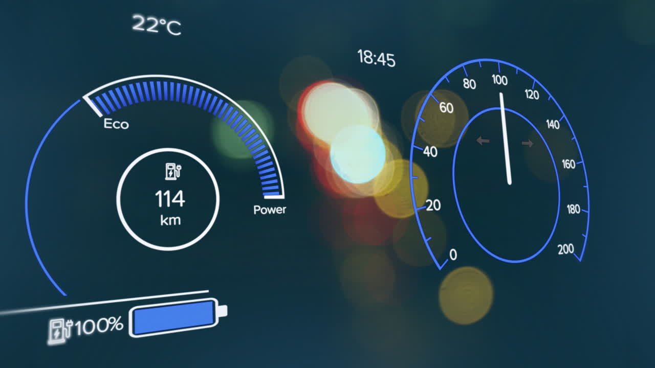 animación del procesamiento de datos del velocímetro de coches eléctricos sobre la ciudad