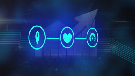 Animation of blue glowing icons connected by lines over bar graph background