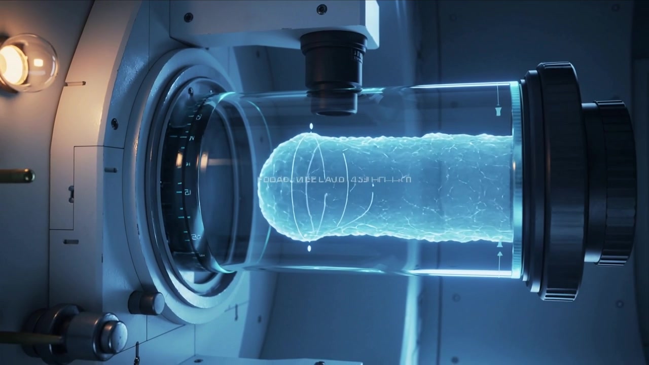 Projection starting stretching blue hologram advancing inside tube approaching flange for alignment