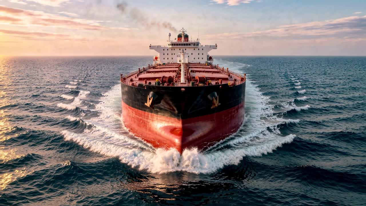 Front view of a large oil tanker moving through ocean waves under dramatic sunset sky, concept of petroleum transport, marine logistics and global energy shipping