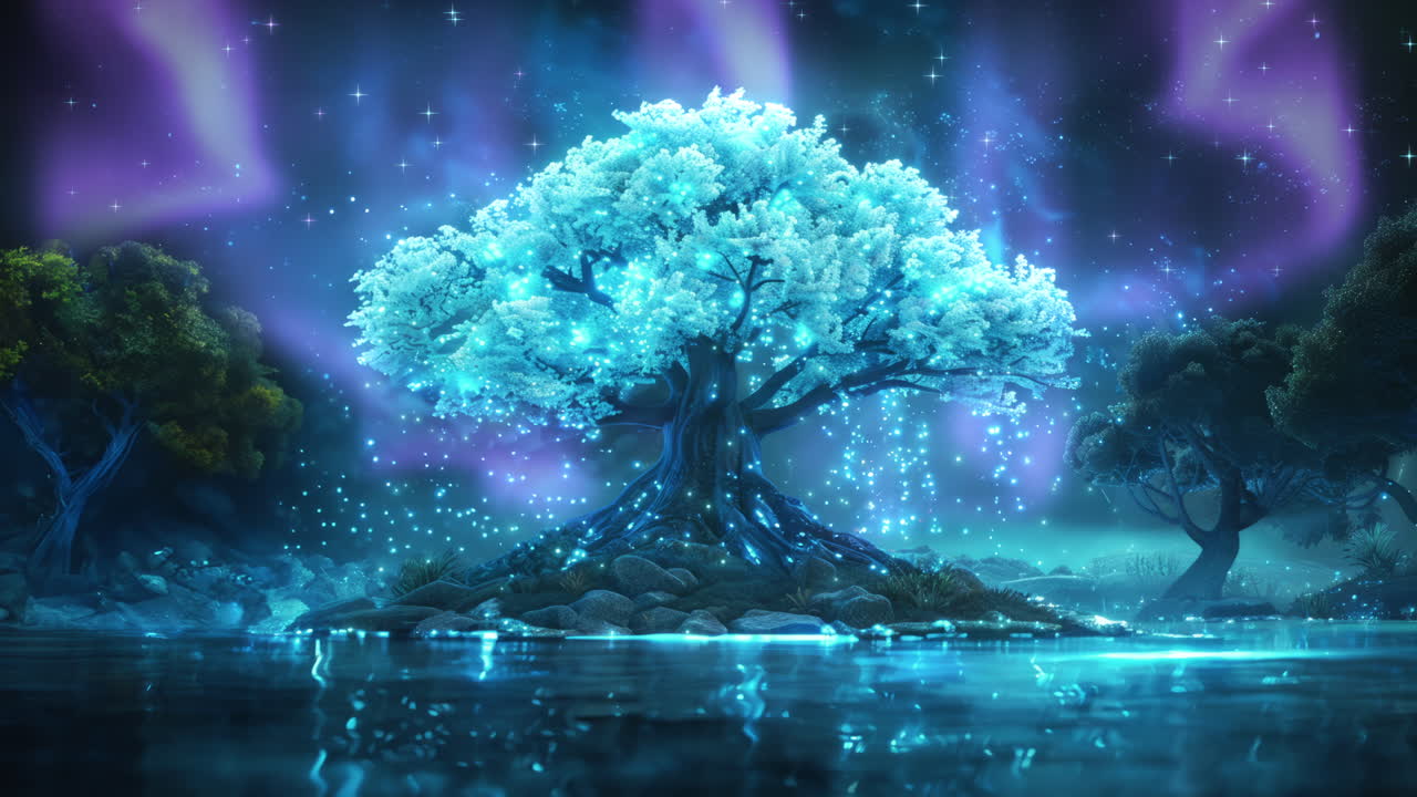 A glowing blue tree with white flowers floats above the water surrounded by trees and the aurora